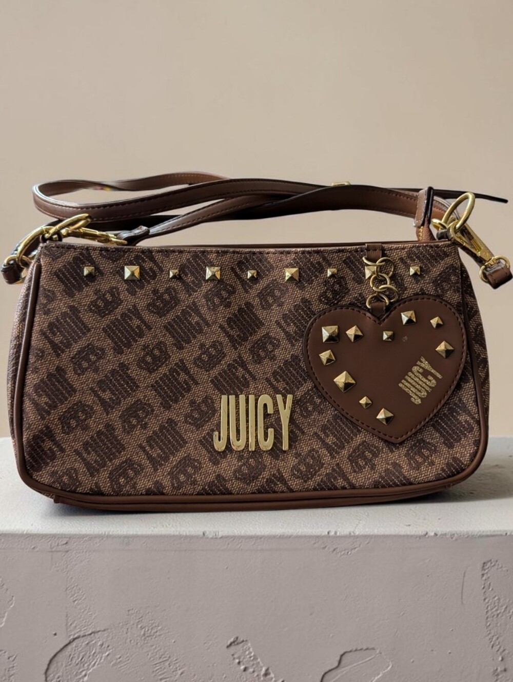 Juicy Couture Brown Monogram Shoulder Bag with Heart Charm – Studded Logo Purse